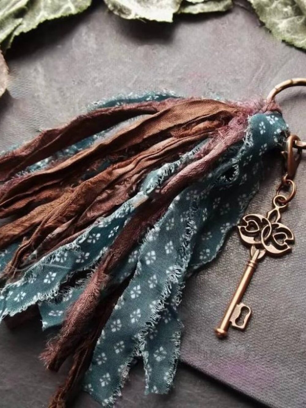 OOAK Handmade Recycled Sari Silk Tassel Keychain Bag Charm Removable Bronze Key